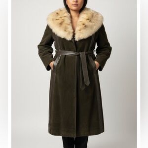 Suede Leather Dark Brown Coat with Cream Fur Collar